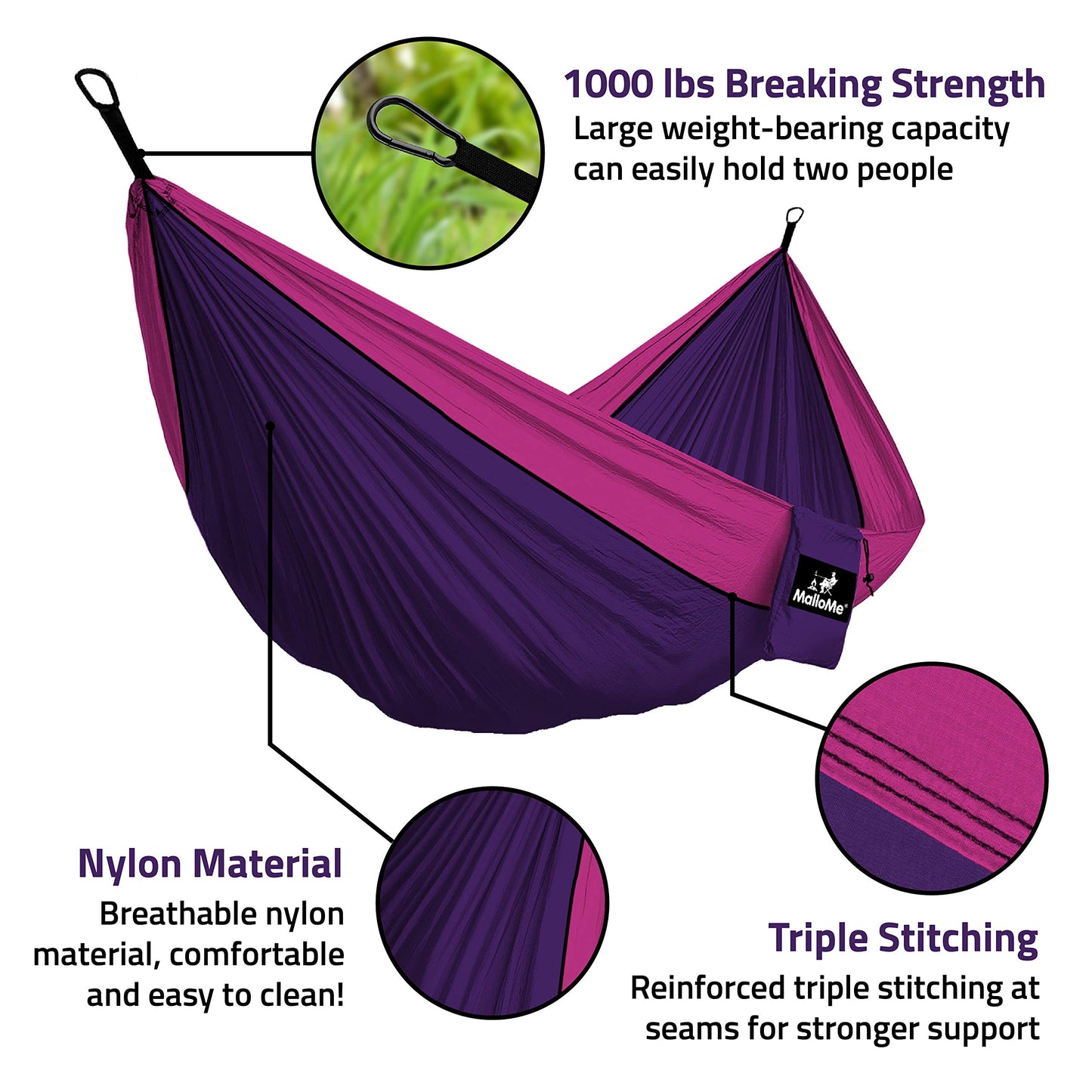 MalloMe Camping Hammock for Adults & Kids - Portable Hammocks for Outside - Hamacas para Adultos Outdoor Single & Double Two 2 Person Hammock - Hamaca/Hamacs/Amacas Heavy Duty Tree Travel Hamock