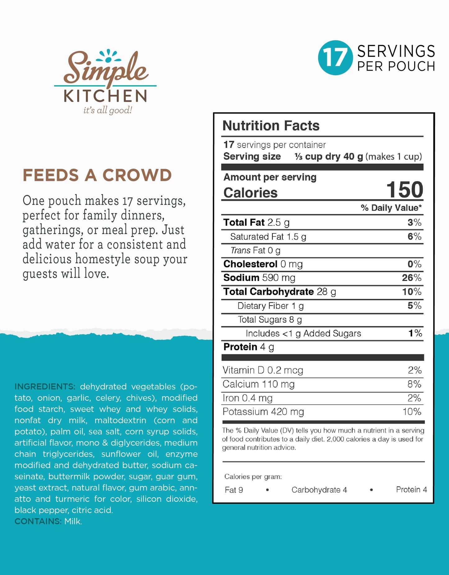 Simple Kitchen Garden Vegetable Soup Mix - 17 Servings for Meal Prep, Gluten Free, Vegetarian, Dehydrated & Freeze Dried Survival Food for Camping Meals, Backpacking & Hiking, Survival Kit, Pack of 4