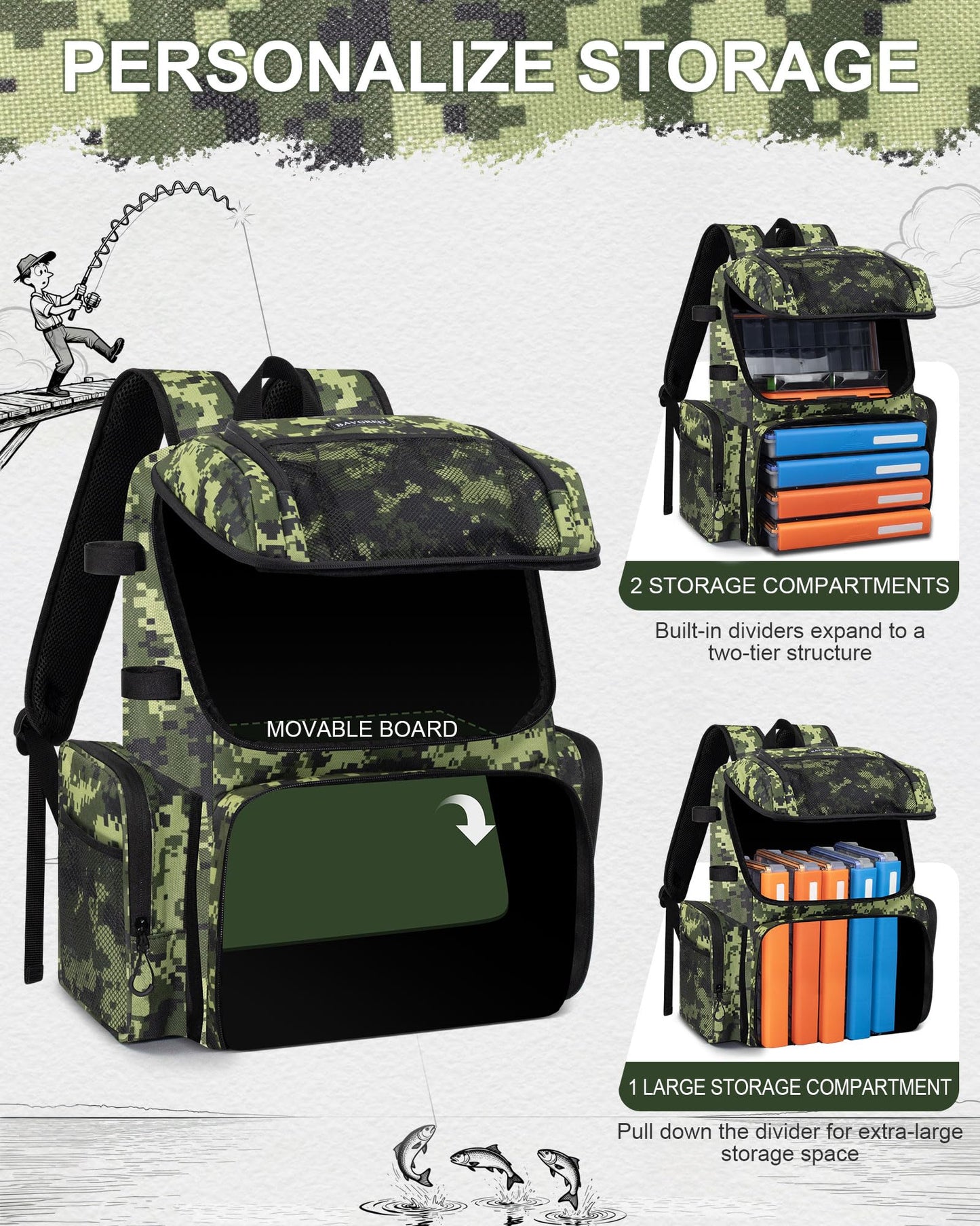 BAVGRED Fishing Backpack, Large Water Resistant Tackle Bag Storage Fishing Gear and Equipment, Built-in Cooler Compartment Grey