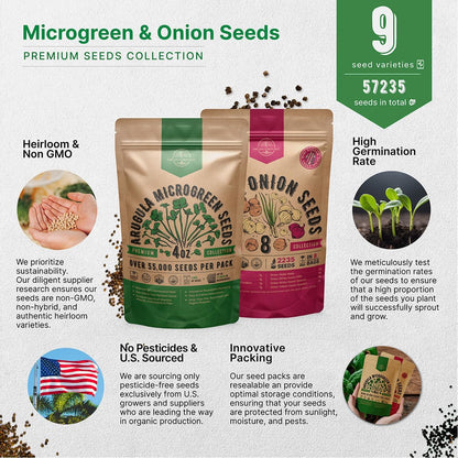 Organo Republic Arugula Sprouting 4 oz and 8 Onions Seeds Variety Pack Bundle, 57,200+ Non-GMO Heirloom Garden Seeds for Planting Microgreens & Onions for Indoor & Outdoor Gardening