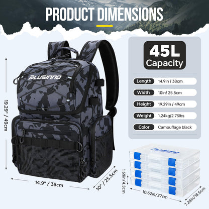 PLUSINNO Cooler Fishing Backpack with Rod Holders 45L Large Water-resistant Fishing Tackle bag Store Fishing Gear Fishing Gifts for Men Father, Sport Bags