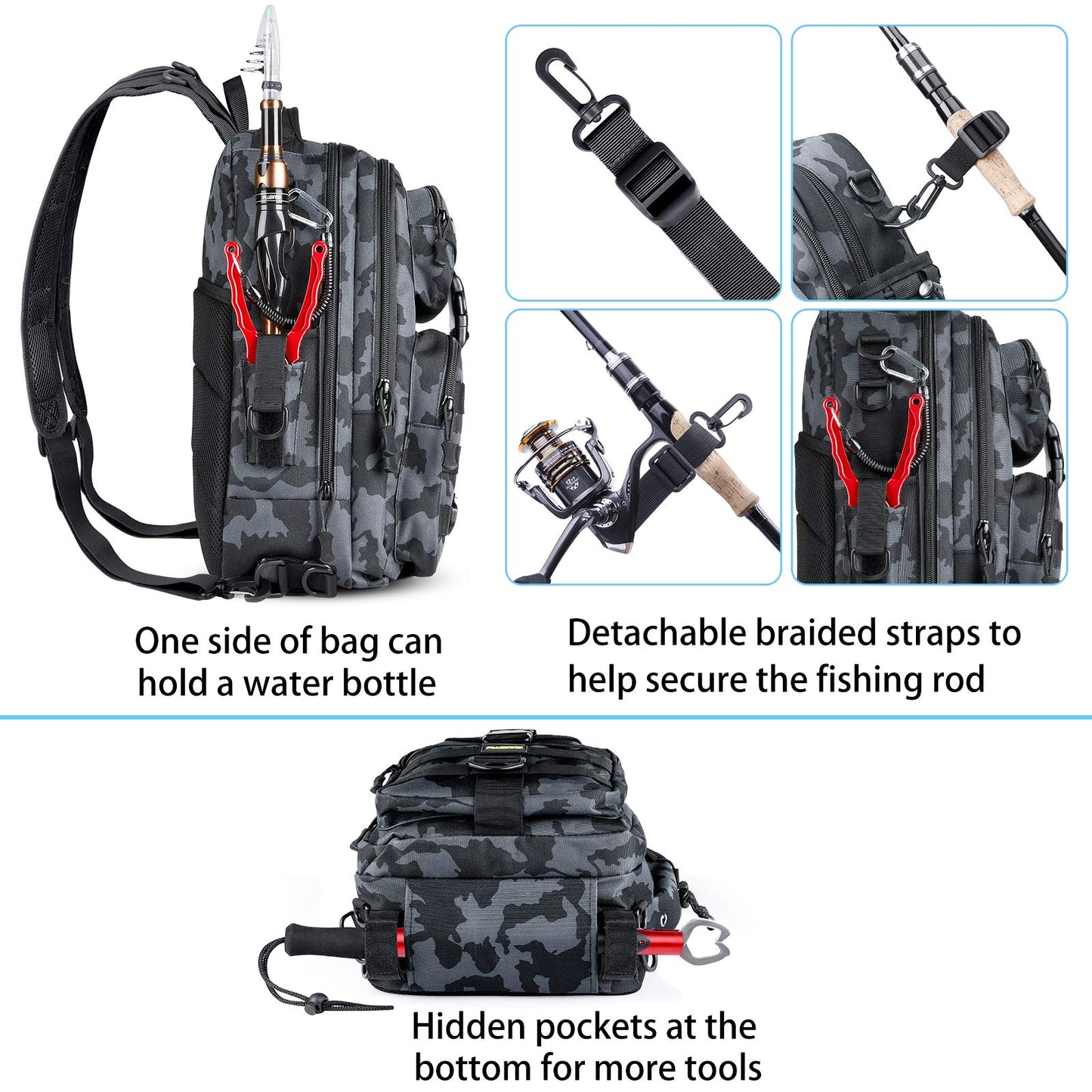 PLUSINNO Fishing Backpack with Tackle Boxes, Waterproof Fishing Sling Tackle Bag For Fishing Gear With Rod Holder, Fishing Gifts for Men With Fishing lures, Fishing pliers, Fish Lip Gripper.