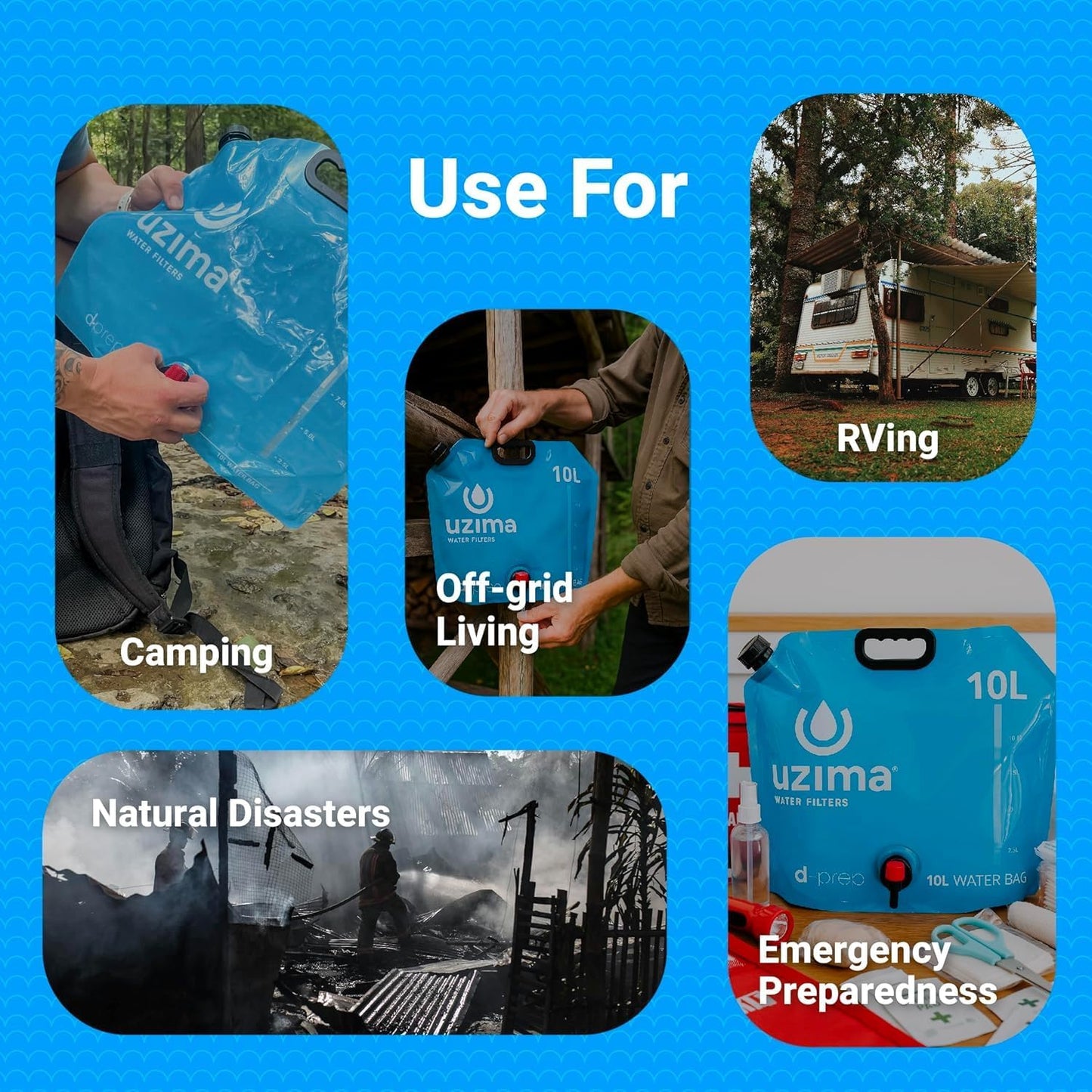 Uzima D-Prep Emergency Water Storage Container – 10L Collapsible Water Bladder with Printed Instructions for Camping, Hiking, Survival, Disaster Kits, and Gravity Filtration Systems