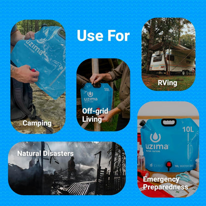 Uzima D-Prep Emergency Water Storage Container – 10L Collapsible Water Bladder with Printed Instructions for Camping, Hiking, Survival, Disaster Kits, and Gravity Filtration Systems