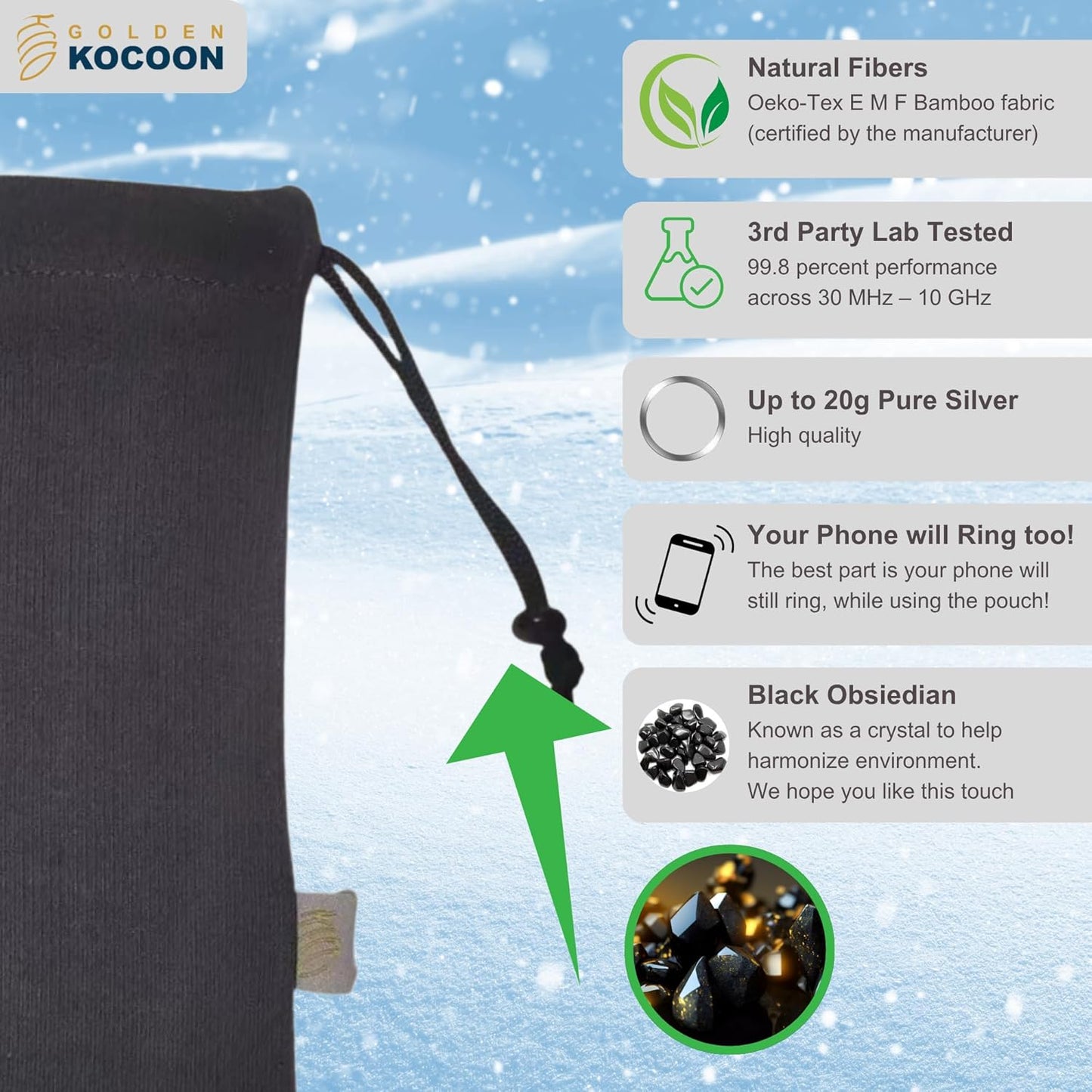 .E-M-F Phone Pouch, with EcoShield™ Bamboo Lyocell Fara-day Silver Fabric- Designed for cell to ring while in pouch - fits with case on - ideal for everyday 5 G, B T, Smart Meter & Wi Fi environments