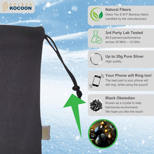 .E-M-F Phone Pouch, with EcoShield™ Bamboo Lyocell Fara-day Silver Fabric- Designed for cell to ring while in pouch - fits with case on - ideal for everyday 5 G, B T, Smart Meter & Wi Fi environments