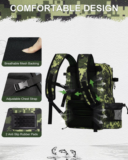 BAVGRED Fishing Backpack with Removable Bait Binder, Large Water Resistant Tackle Bag Storage Gear and Equipment for Fishing, Camping, Hiking, Grey