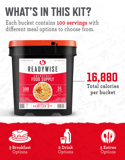 ReadyWise Emergency Food Supply - 120 Servings Favorites Sample Bucket, Survival Food Kit, Freeze Dried Prepper Food & Dehydrated Meals for Camping Essentials & Backpacking, up to 25 Year Shelf Life