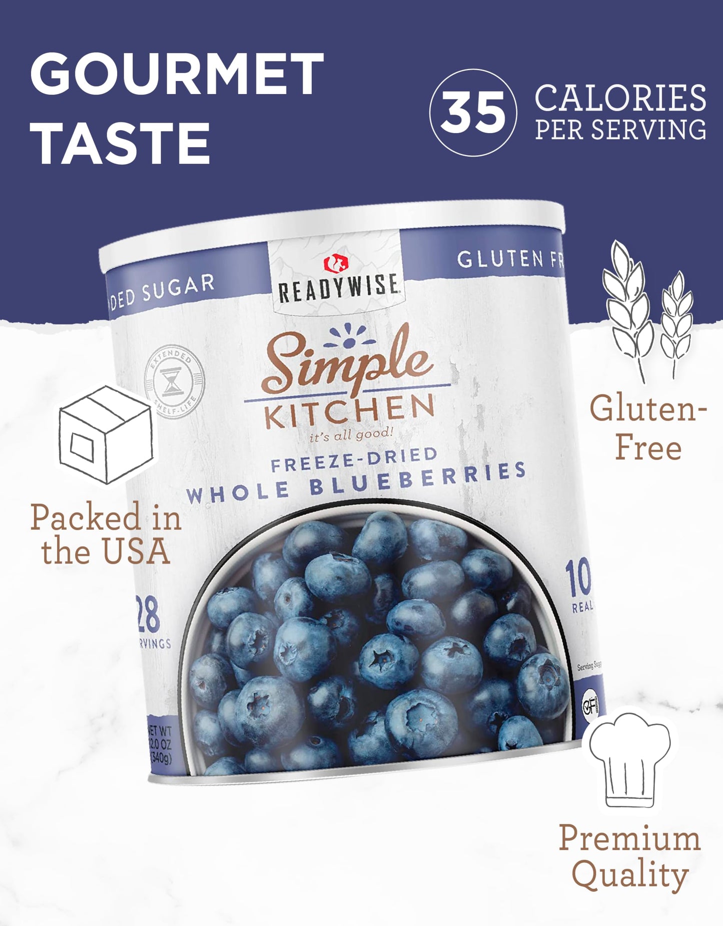 READYWISE - Simple Kitchen Freeze Dried Whole Blueberries, 28 Servings, Vegan, Gluten Free, Fruit Snacks, Emergency Supplies, Dehydrated Fruit, Blueberries