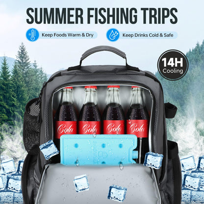 PLUSINNO Cooler Fishing Backpack with Rod Holders 45L Large Water-resistant Fishing Tackle bag Store Fishing Gear Fishing Gifts for Men Father, Sport Bags