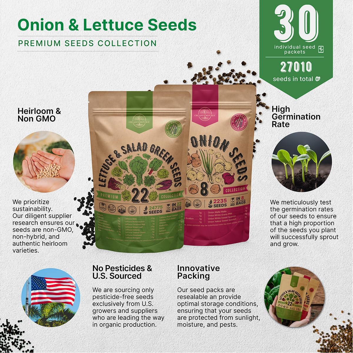 Organo Republic 22 Lettuce & Salad Greens and 8 Onion Seeds Variety Pack Bundle, 26,900+ Non-GMO Heirloom Seeds for Planting Lettuce and Onions for Indoor & Outdoor Gardening