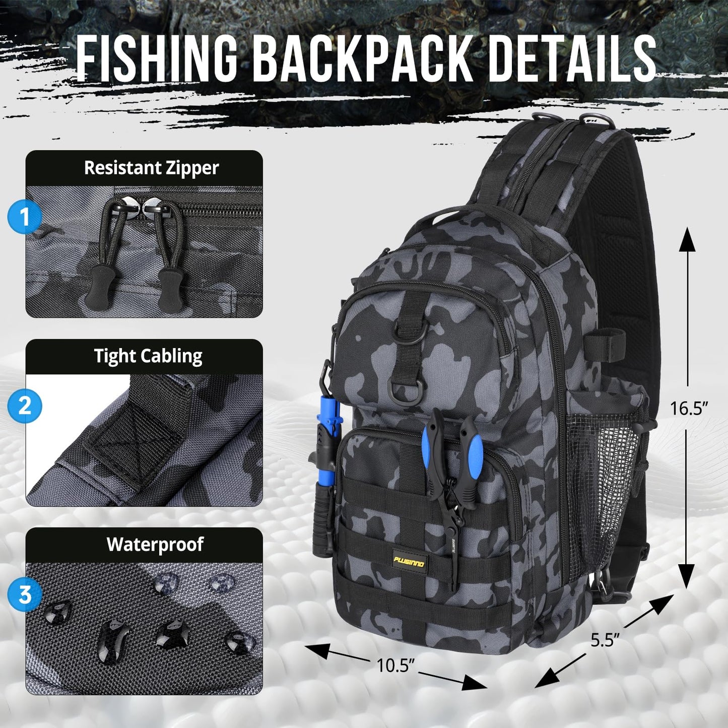 PLUSINNO Fishing Backpack with Tackle Boxes, Waterproof Fishing Sling Tackle Bag For Fishing Gear With Rod Holder, Fishing Gifts for Men With Fishing lures, Fishing pliers, Fish Lip Gripper.