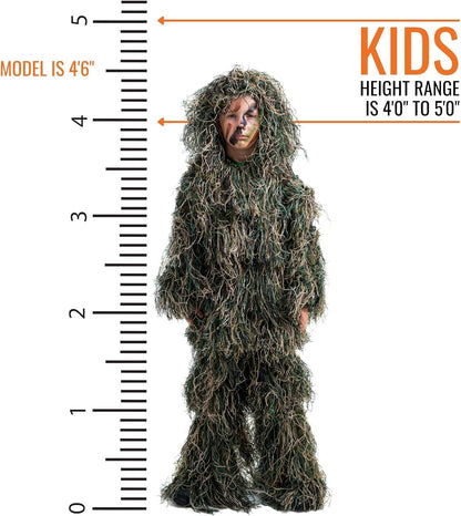 Arcturus Ultra-Lite Kids Ghillie Suit | Includes 3-Color Camo Face Paint| Halloween Costume - Army | Sniper | Bush Costume | Hunting & Airsoft for Children