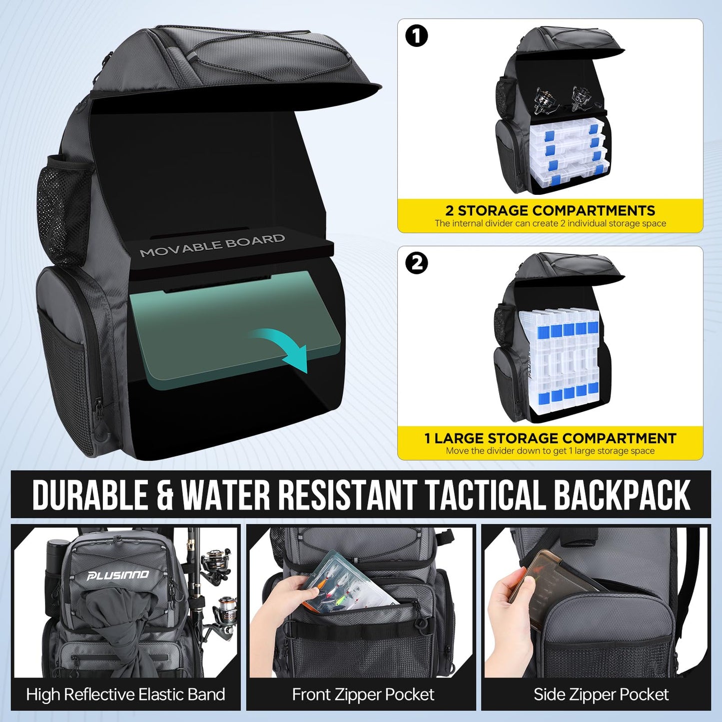 PLUSINNO Cooler Fishing Backpack with Rod Holders 45L Large Water-resistant Fishing Tackle bag Store Fishing Gear Fishing Gifts for Men Father, Sport Bags