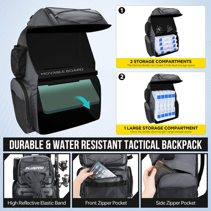 PLUSINNO Cooler Fishing Backpack with Rod Holders 45L Large Water-resistant Fishing Tackle bag Store Fishing Gear Fishing Gifts for Men Father, Sport Bags