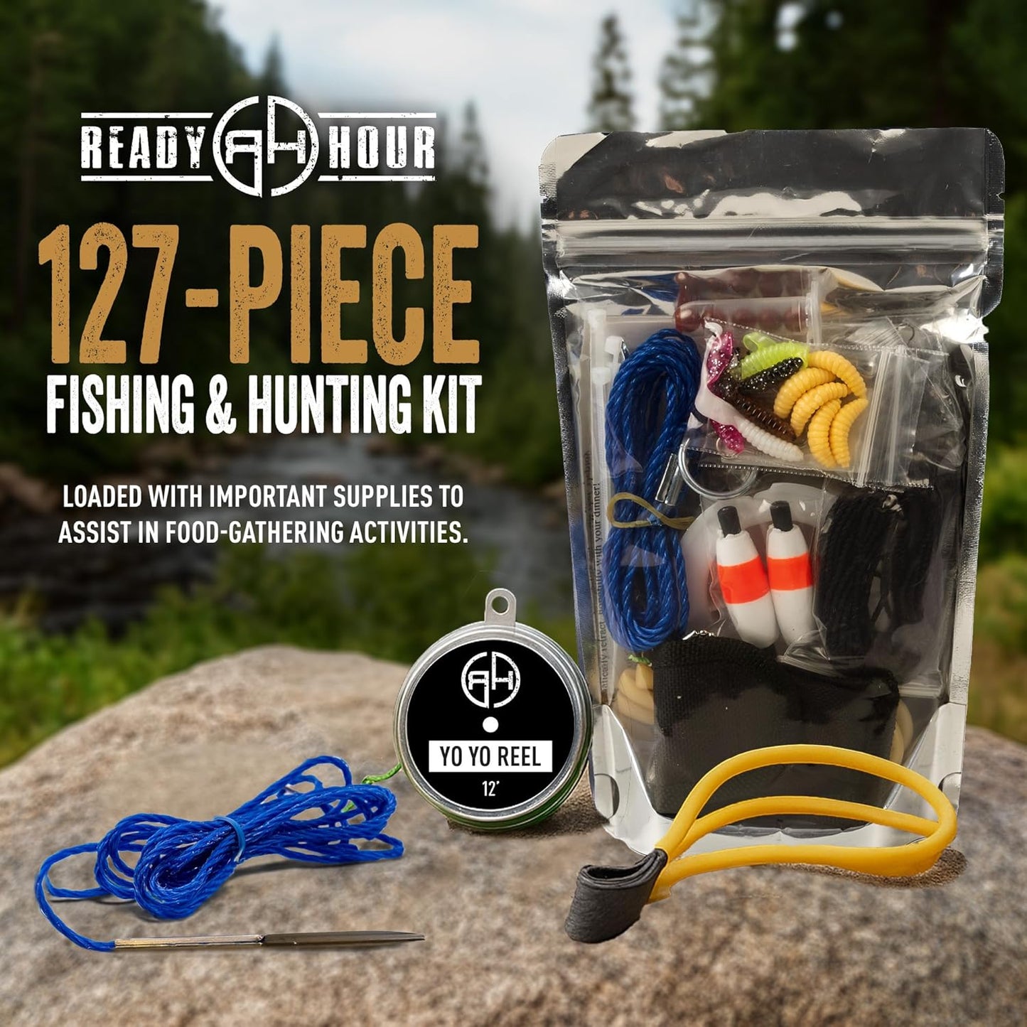 Ready Hour Fishing & Hunting Kit (127 Pieces) - Complete Survival Gear Kit for Emergency Preparedness, Camping, and Outdoor Survival - Compact, All-in-One Wilderness Survival Set
