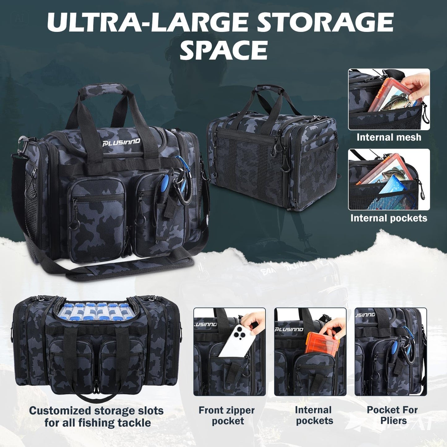 PLUSINNO Tackle Bag - Expandable Fishing Bag for Saltwater & Freshwater - Water Resistant Fishing Gear Shoulder Bag For Men, All-purpose Carrying Bags for Outdoors