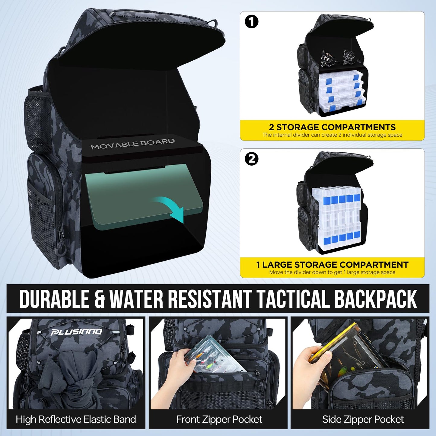 PLUSINNO Cooler Fishing Backpack with Rod Holders 45L Large Water-resistant Fishing Tackle bag Store Fishing Gear Fishing Gifts for Men Father, Sport Bags