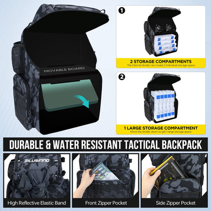 PLUSINNO Cooler Fishing Backpack with Rod Holders 45L Large Water-resistant Fishing Tackle bag Store Fishing Gear Fishing Gifts for Men Father, Sport Bags