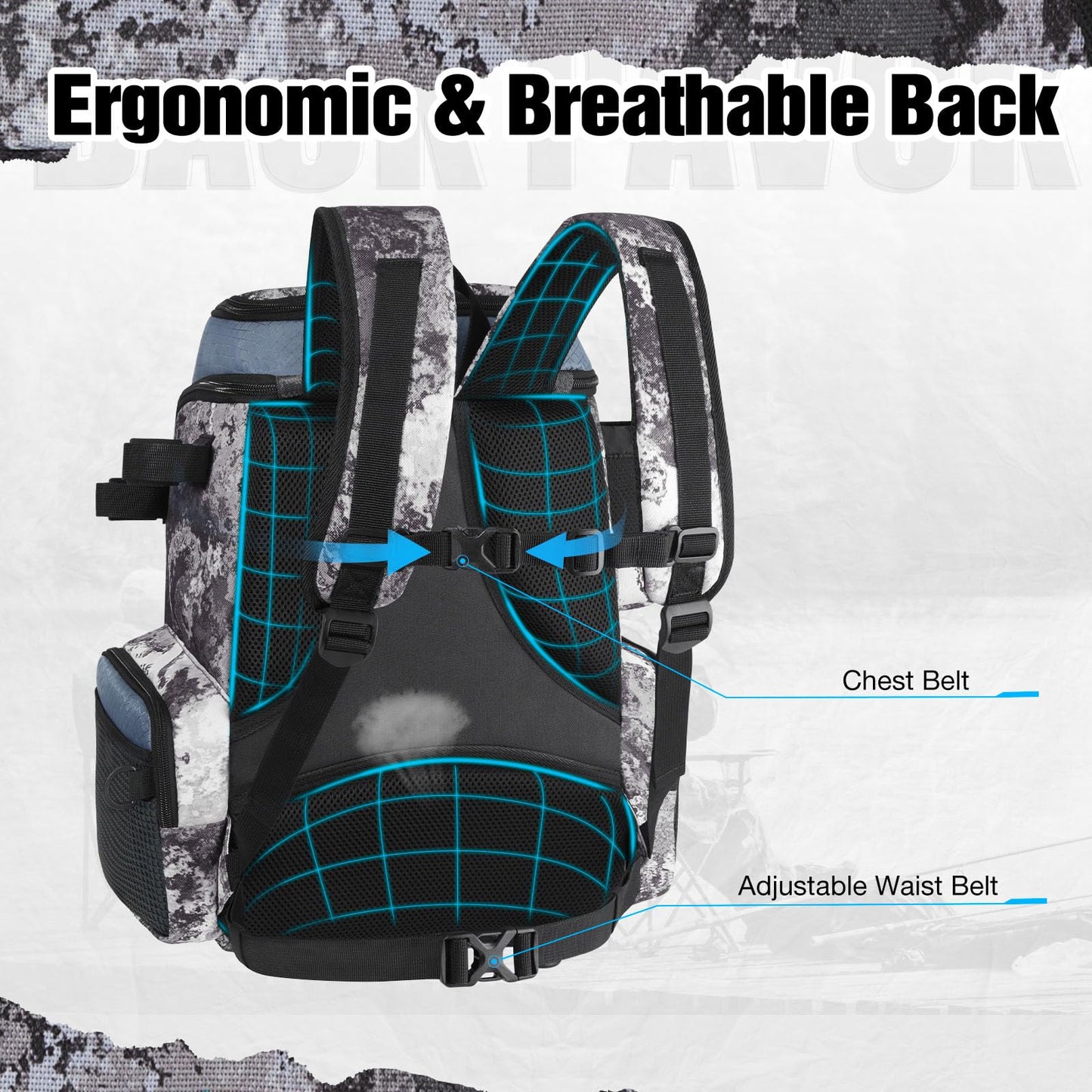 Piscifun Fishing Tackle Backpack with Rod Holders & 4 Tackle Boxes, 42L Outdoor Fishing Bag with Waterproof Rain Cover