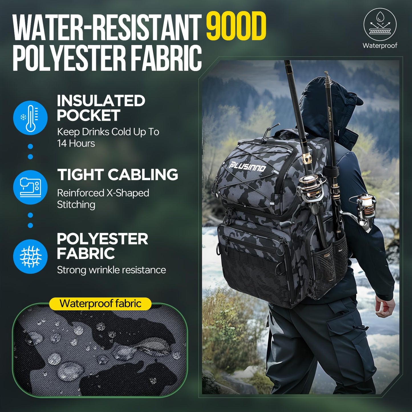 PLUSINNO Cooler Fishing Backpack with Rod Holders 45L Large Water-resistant Fishing Tackle bag Store Fishing Gear Fishing Gifts for Men Father, Sport Bags