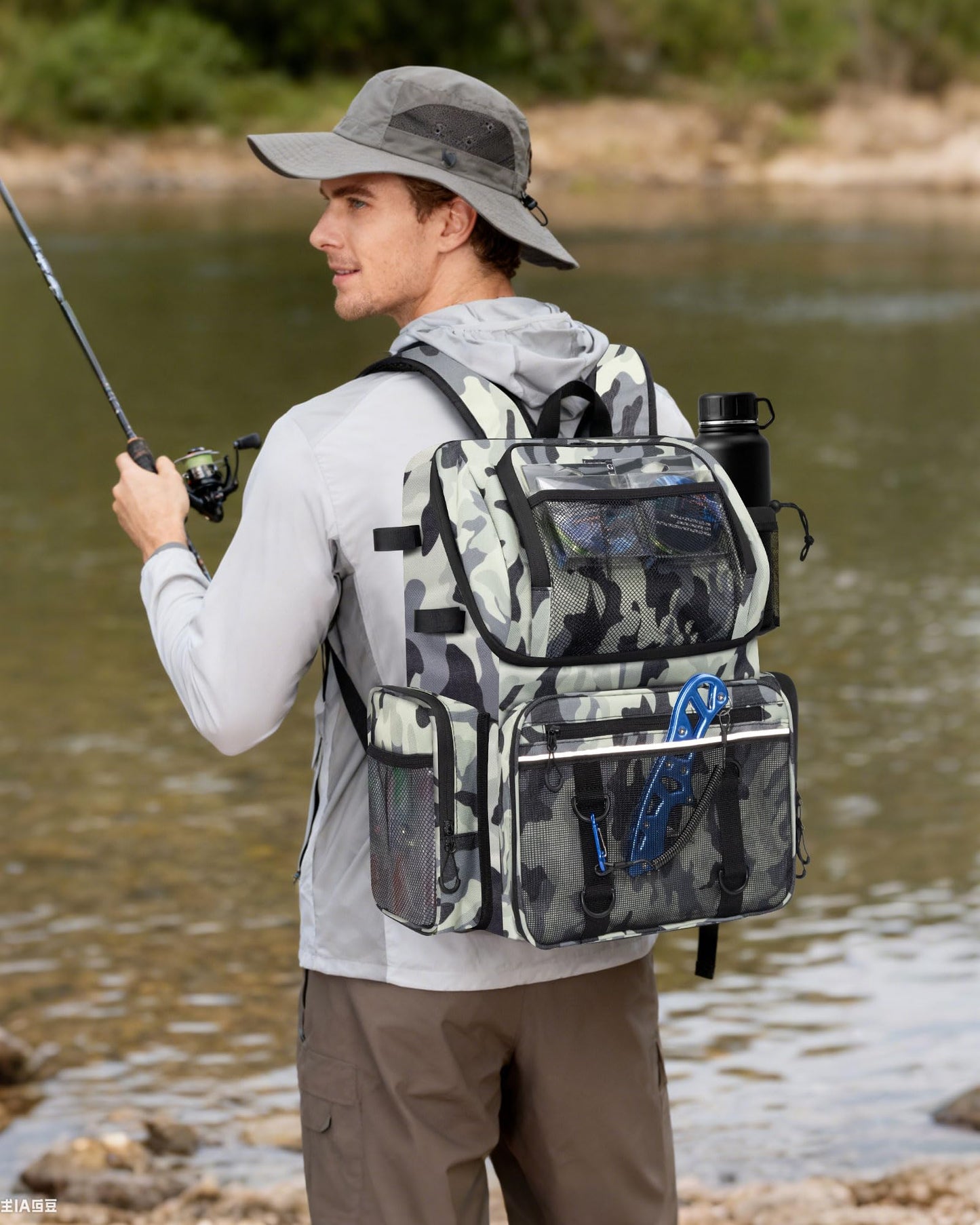 BAVGRED Fishing Backpack, Large Water Resistant Tackle Bag Storage Fishing Gear and Equipment, Built-in Cooler Compartment Grey