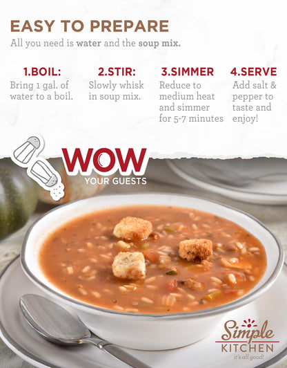 Simple Kitchen Garden Vegetable Soup Mix - 17 Servings for Meal Prep, Gluten Free, Vegetarian, Dehydrated & Freeze Dried Survival Food for Camping Meals, Backpacking & Hiking, Survival Kit, Pack of 4