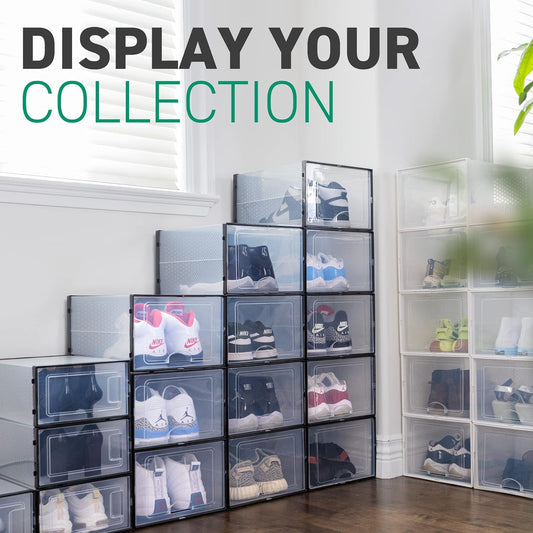 Ollie Drop Front Soft Plastic Shoe Box - Fits Up to Size 9 Mens - Storage Box Organizer, Shoe Organizers and Storage (Black- Medium, Pack of 48)