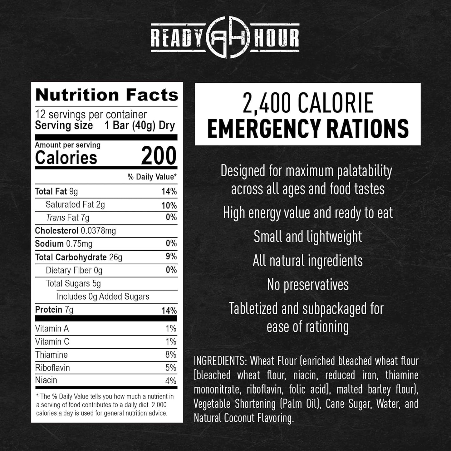 Ready Hour 2,400 Calorie Emergency Ration Bars (30-Pack), 72,000 Total Calories, Ration Emergency Food, High Calorie Meal Replacement and Camping Survival Food
