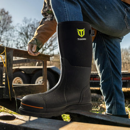 TIDEWE Rubber Work Boot for Men with Steel Toe & Shank, Waterproof Anti Slip Hunting Boot, 6mm Neoprene Hunting Boot for Manufacturing, Construction, Farming, Black,Brown, Size 7-13