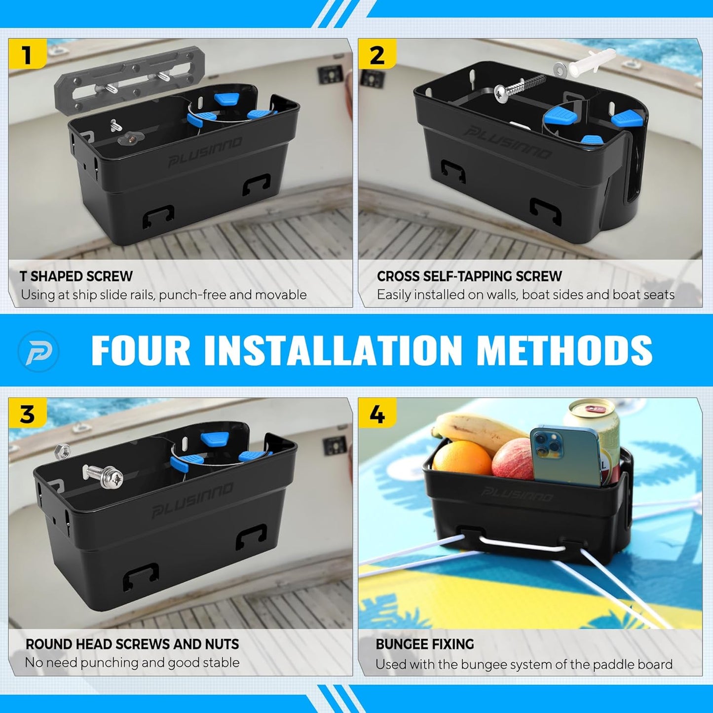 PLUSINNO Boat Cup Holder, Boat Caddy Organizer with Fishing Rod Holder, Multifunctional Boat Storage Organizer for Fishing Accessories, Boat Accessories for Jon Fishing Boat, Kayak, Paddle Boards