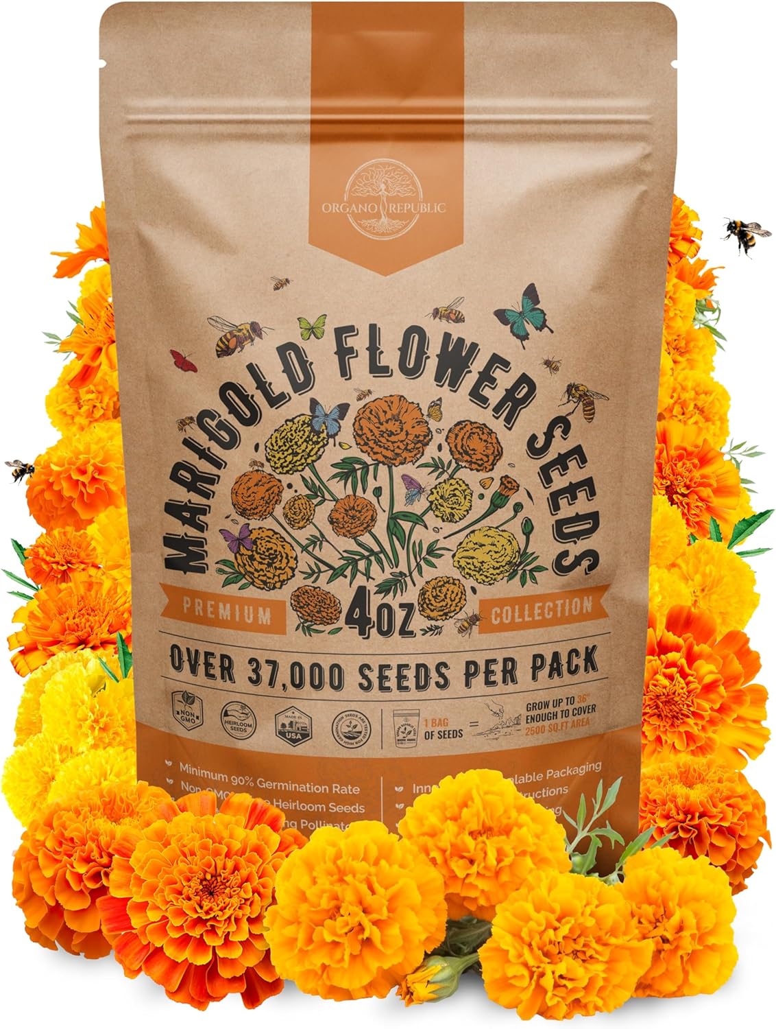 Marigold Seeds Pack 1 oz - Over 9,250 Non-GMO Heirloom Marigold Seeds for Planting Indoor & Outdoor Gardening, Flower Seed for Planting Home and Garden, Flowers Seed in Individual Packet