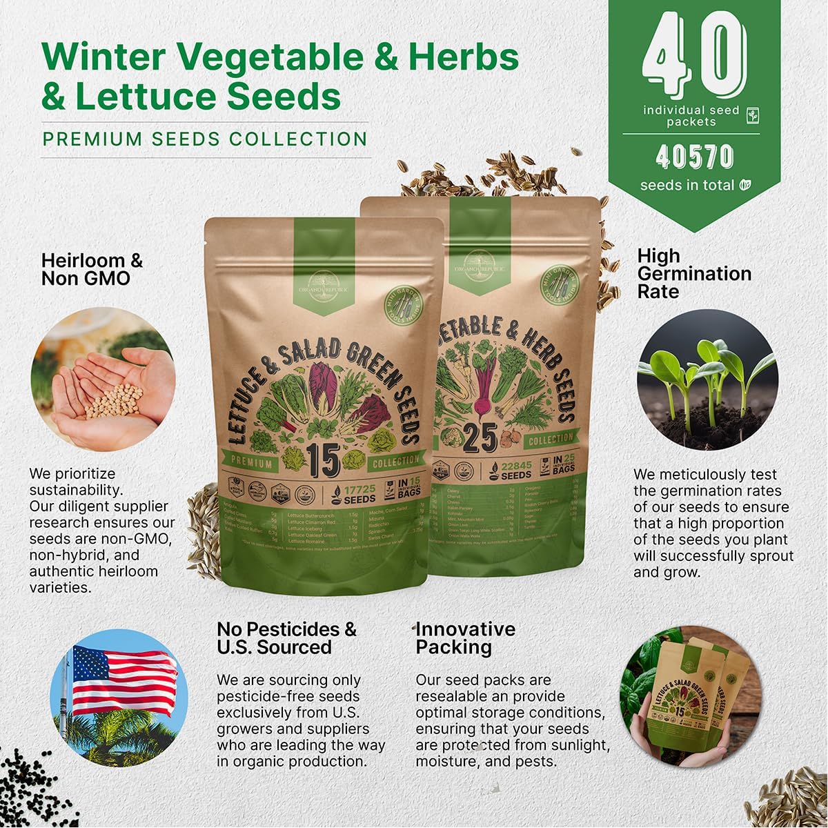 Organo Republic 15 Lettuce & Greens and 25 Winter Vegetable & Herb Seeds Variety Pack Bundle, 29,475+ Non-GMO Heirloom Garden Seeds for Planting Vegetables and Herbs for Indoor & Outdoor Gardening