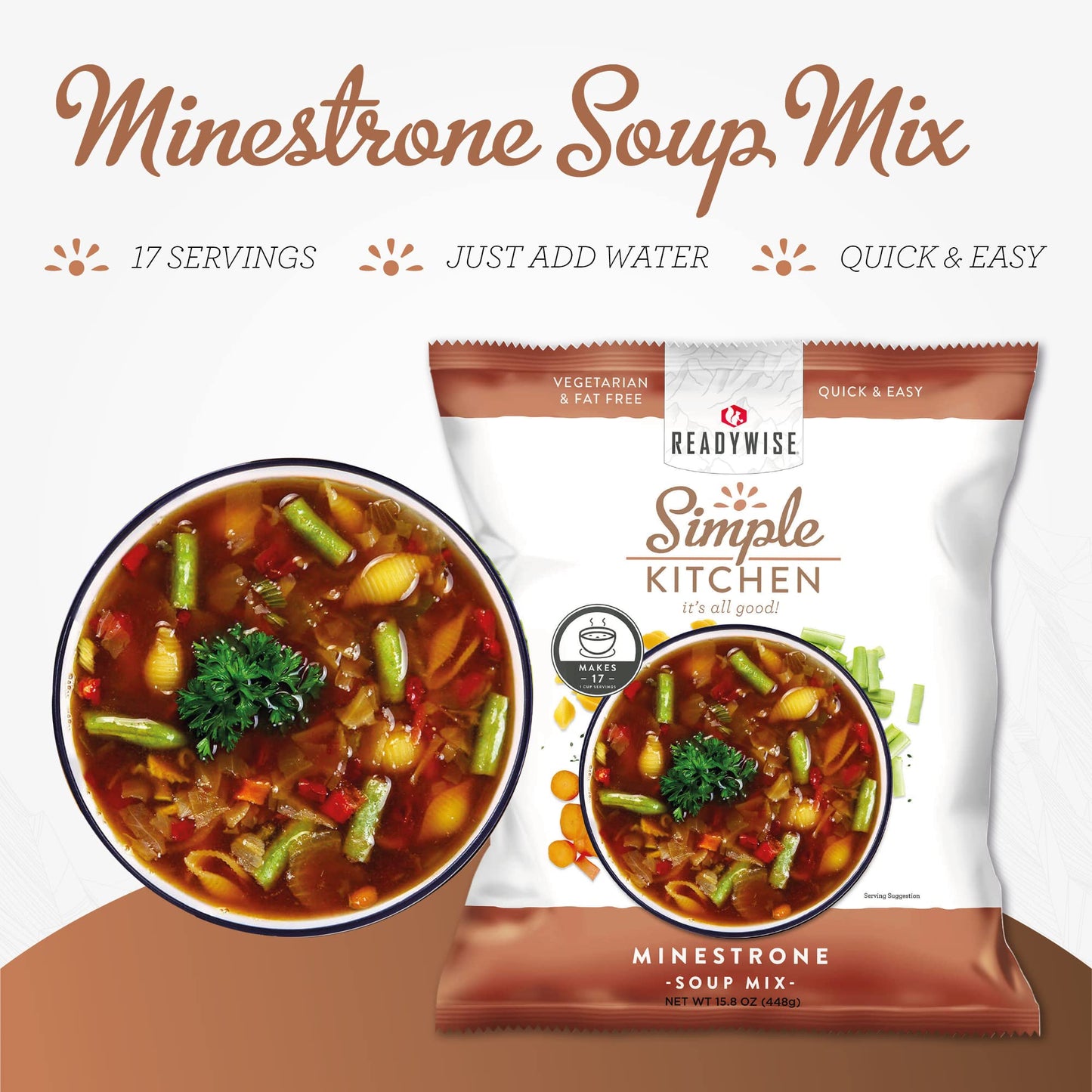 READYWISE - Simple Kitchen, Tomato Basil Soup, 17 Servings, MRE, Gluten Free, & Vegetarian, Food, Soup Mix, for Events, Hiking, Emergency Food Supply, Camping Essentials, or Daily Use, 1 Pack