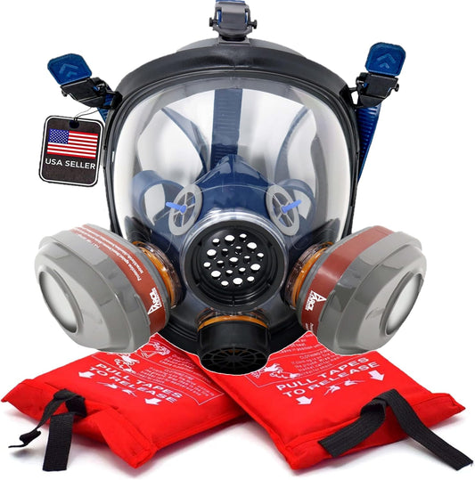 Parcil Distribution Wildfire Safety Kit - PD-101 Full Face Smoke Respirator & Fire Extinguisher Blanket Set - Home & Emergency Use - 2 P-A-3 Activated Carbon Filters