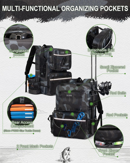 BAVGRED Fishing Backpack with Removable Bait Binder, Large Water Resistant Tackle Bag Storage Gear and Equipment for Fishing, Camping, Hiking, Grey