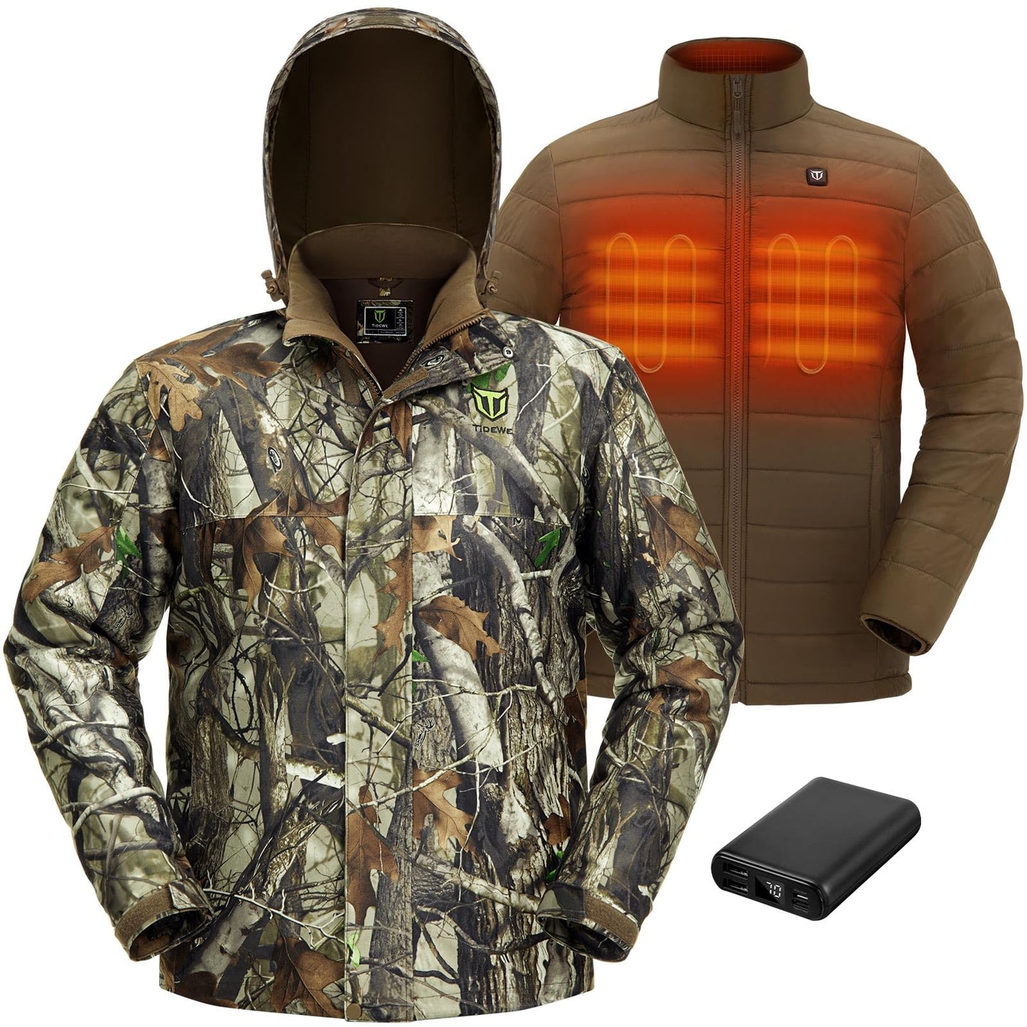 TIDEWE Men’s Heated Jacket 3-in-1 with Hood and Battery Pack, Heated Coat for Hunting, Skiing
