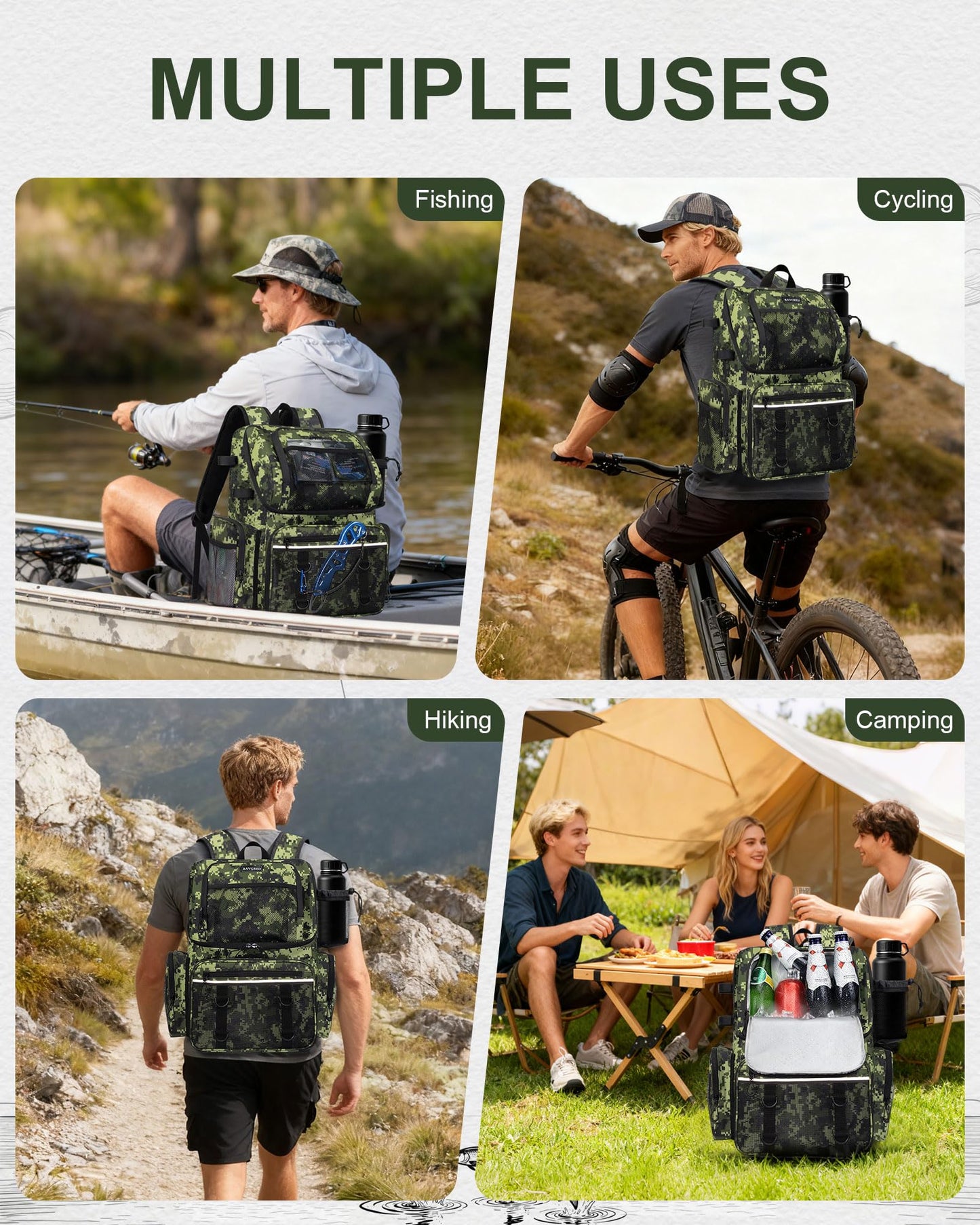 BAVGRED Fishing Backpack, Large Water Resistant Tackle Bag Storage Fishing Gear and Equipment, Built-in Cooler Compartment Grey