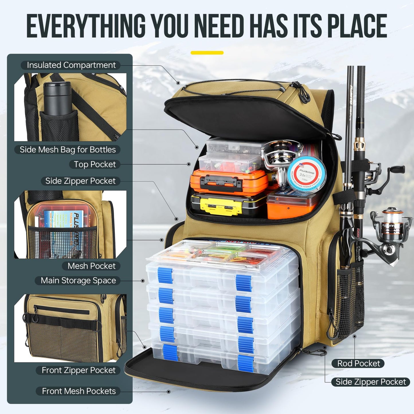 PLUSINNO Cooler Fishing Backpack with Rod Holders 45L Large Water-resistant Fishing Tackle bag Store Fishing Gear Fishing Gifts for Men Father, Sport Bags