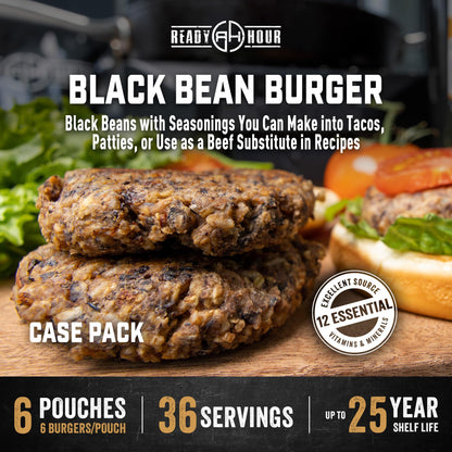 Ready Hour Black Bean Burger Mix Case Pack – 36 Servings (6 Pouches) – Emergency Vegetarian Food, Long Term Storage, Shelf-Stable Veggie Burger, Survival Food Mix