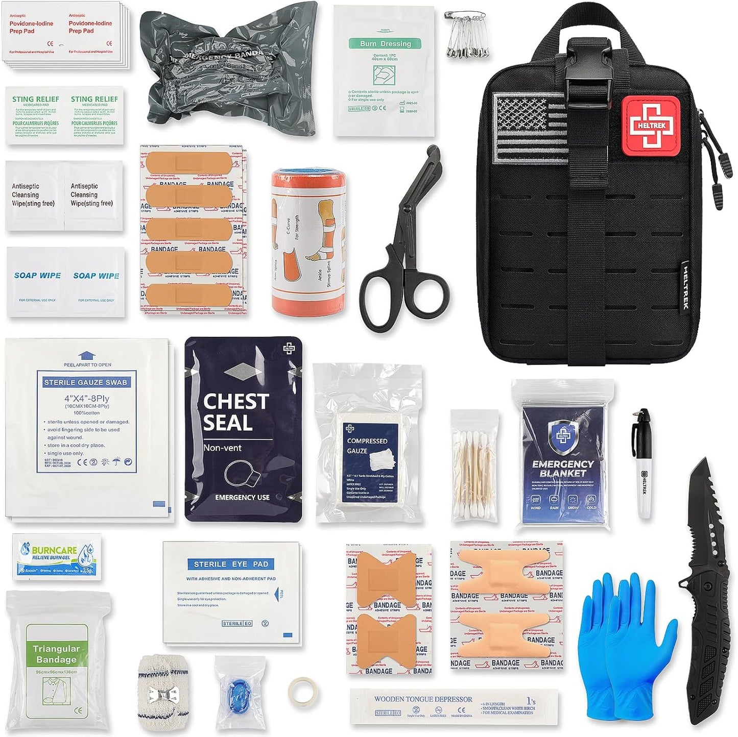 Trauma Kit, Compact Tactical IFAK Emergency Survival First Aid Kits Hemostatic Combat Wound Care Molle Pouch with Israeli Bandage, Chest Seal, Splint for Military, Black