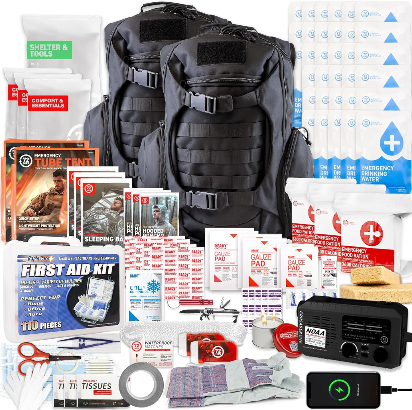 72 HRS Deluxe Emergency Survival Kit - Heavy Duty 72 Hour Bag Survival Kit for Earthquake, Hurricane, Tsunami, Winter, Blackout - Includes Emergency First Aid Kit, Water, Food