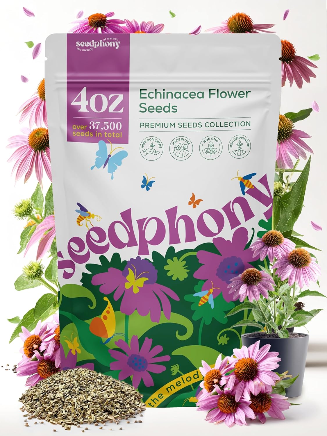 Echinacea Seed Pack 1 oz - 9,300 Non-GMO Heirloom Echinacea Seeds for Planting, Perennial Flowers in Waterproof Seed Packet, Coneflower Seeds for Planting Garden Indoor & Outdoor Gardening