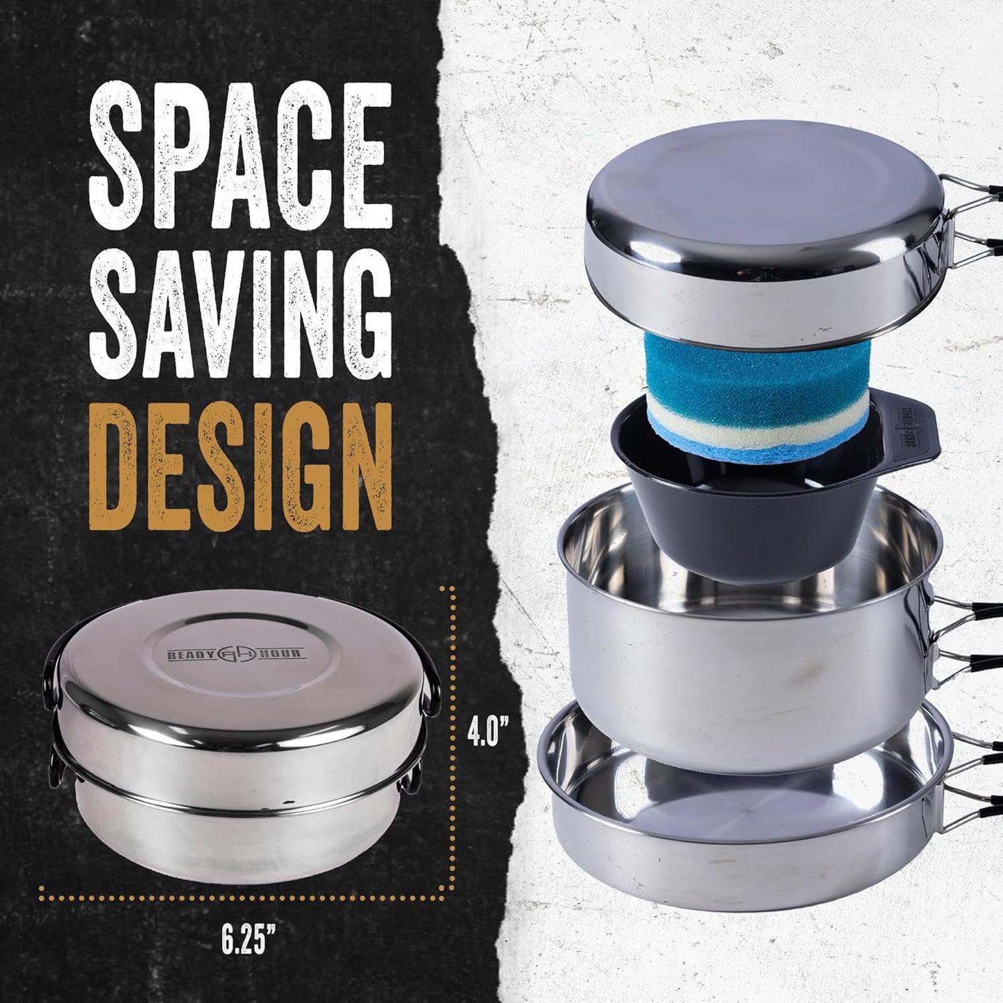 Stainless Steel Mess Cooking Kit by Ready Hour - 5 Piece Compact Survival Cookware Set with Pot Pan Mug Scrubber and Carry Bag. Camping, Survival, Backpacking, Outdoor Cooking.