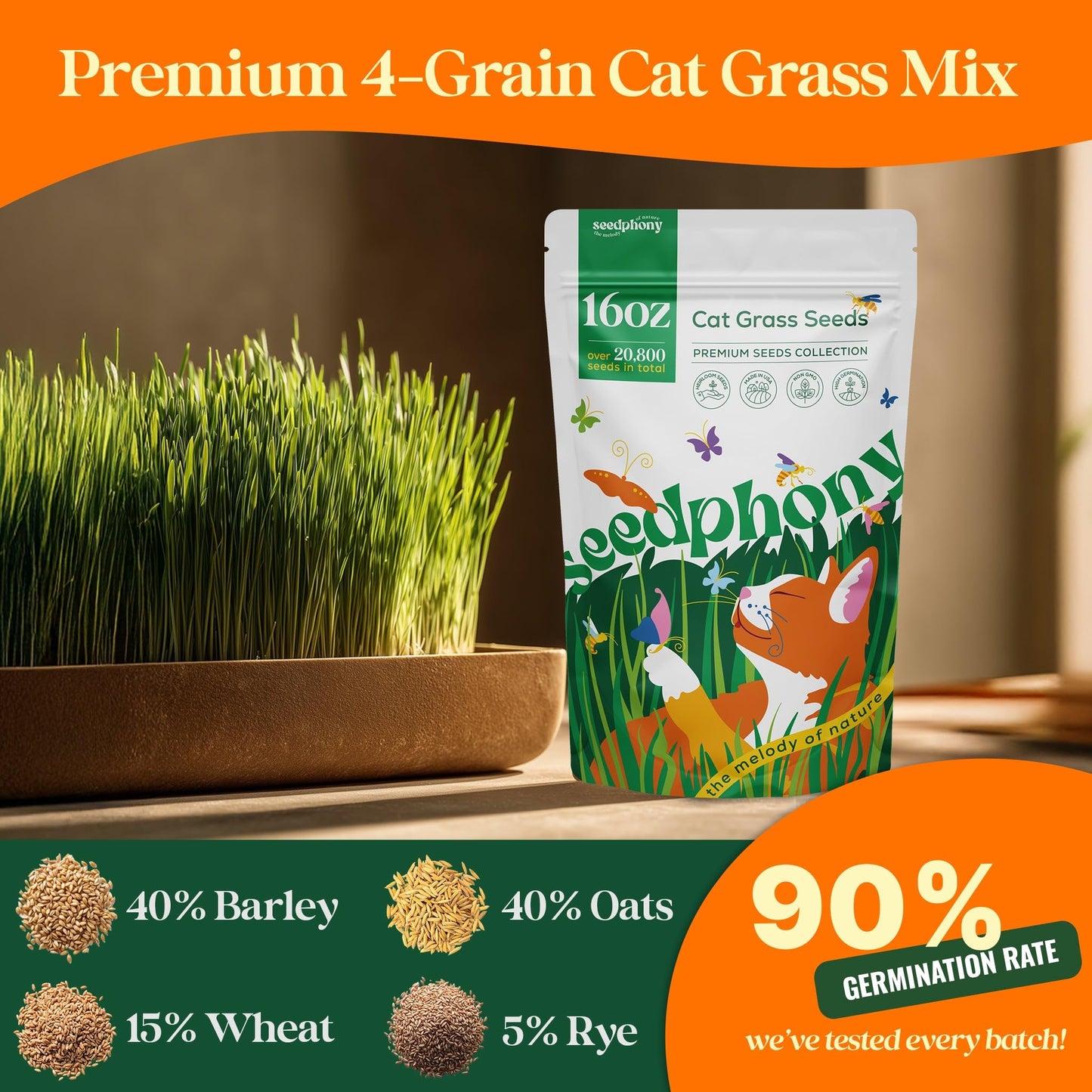 Cat Grass Seed Mix – 4 oz Pack with 5,200 Non-GMO Heirloom Seeds for Cats, Barley, Oat, Rye & Wheatgrass for Indoor Growing, Fresh Pet Grass for Digestion & Hairball Control