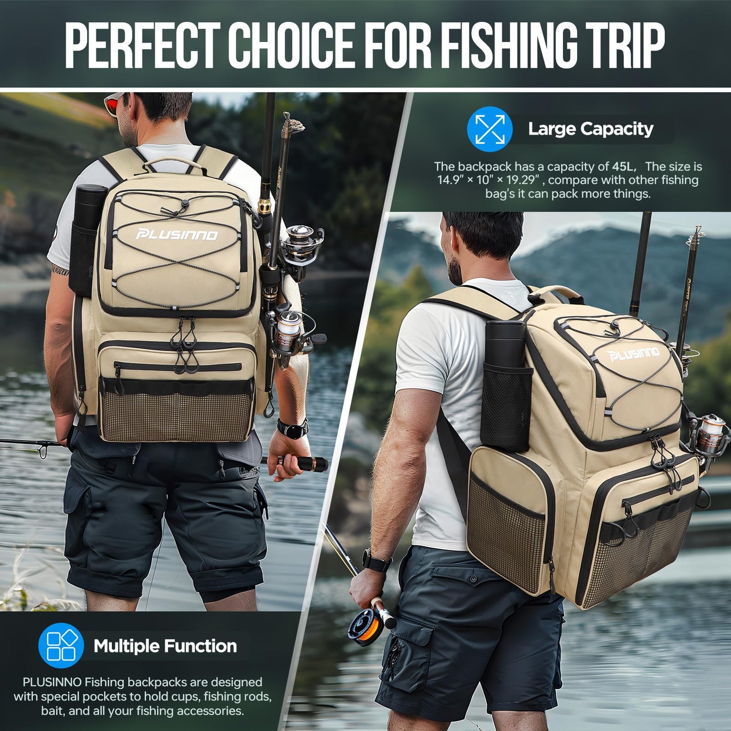 PLUSINNO Cooler Fishing Backpack with Rod Holders 45L Large Water-resistant Fishing Tackle bag Store Fishing Gear Fishing Gifts for Men Father, Sport Bags