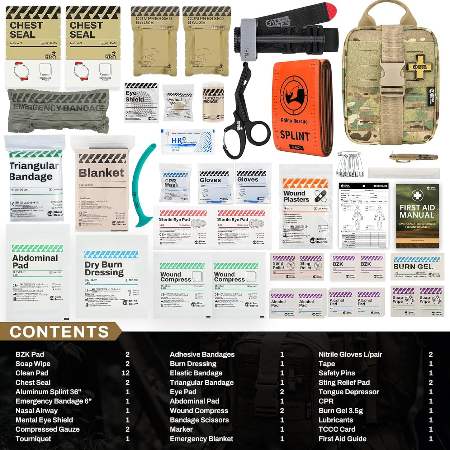 RHINO RESCUE Bundle- Non-Vented Chest Seal, IFAK Emergency Trauma Dressing+IFAK Trauma Kit, Tactical First Aid Kit Molle Pouch for Military Camo