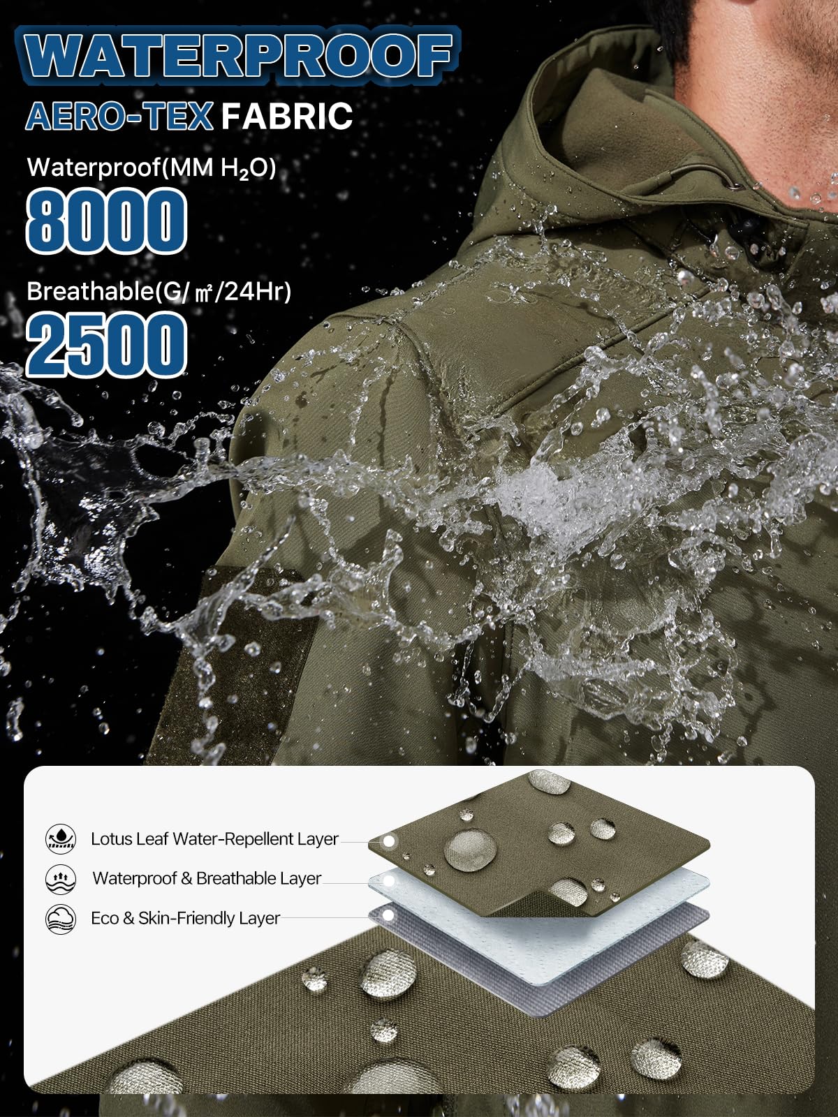 FREE SOLDIER Men's Lightweight Softshell Jacket Winter Fleece Lined Hooded Rain Waterproof Hiking Outdoor Jackets