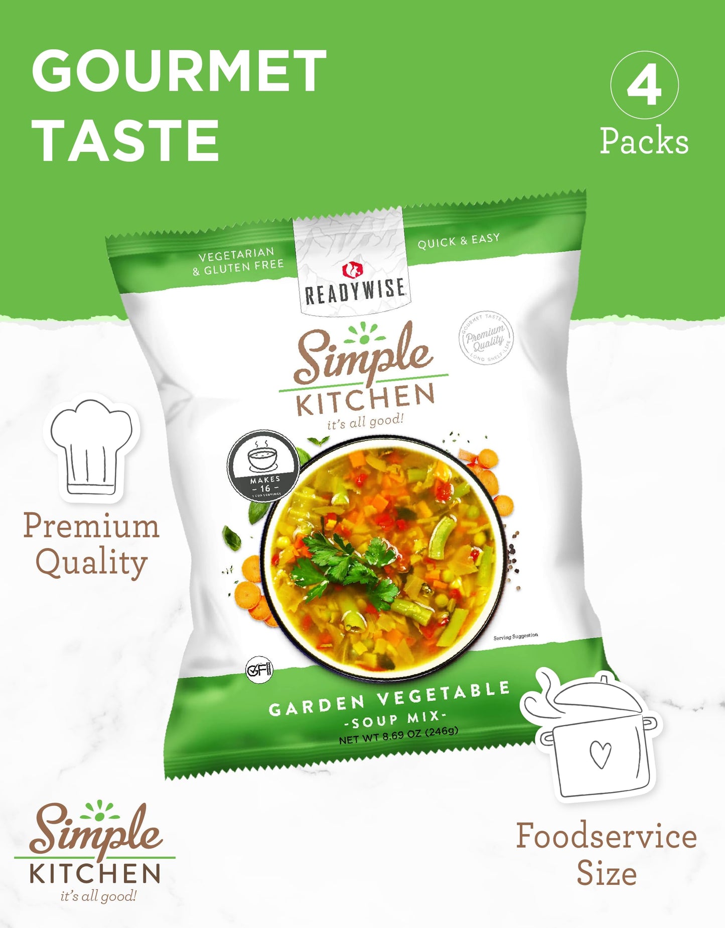 Simple Kitchen Garden Vegetable Soup Mix - 17 Servings for Meal Prep, Gluten Free, Vegetarian, Dehydrated & Freeze Dried Survival Food for Camping Meals, Backpacking & Hiking, Survival Kit, Pack of 4
