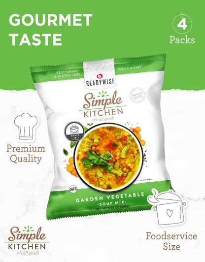 Simple Kitchen Garden Vegetable Soup Mix - 17 Servings for Meal Prep, Gluten Free, Vegetarian, Dehydrated & Freeze Dried Survival Food for Camping Meals, Backpacking & Hiking, Survival Kit, Pack of 4